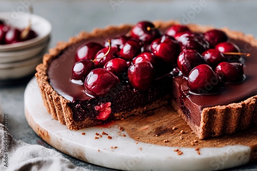 A rich chocolate tart topped with fresh cherries is showcased on a marble board. A slice of the tart has been cut, revealing its succulent interior, perfect for dessert lovers