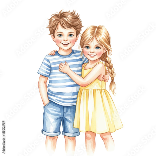 Boy and Girl Holding Each Other Isolated on Transparent PNG Background- Watercolour Art