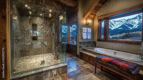 Luxurious bathroom with mountain view showcasing modern shower and bathtub during winter
