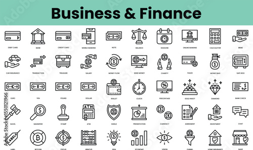 Set of business and finance icons. Linear style icon bundle. Vector Illustration
