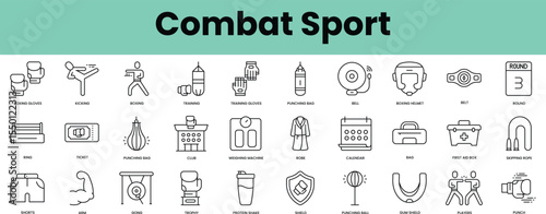 Set of combat sport icons. Linear style icon bundle. Vector Illustration