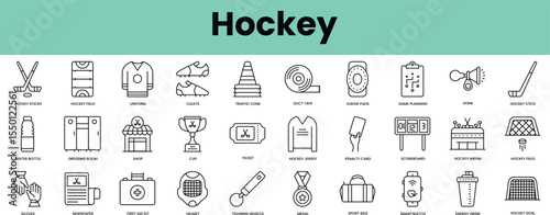 Set of hockey icons. Linear style icon bundle. Vector Illustration