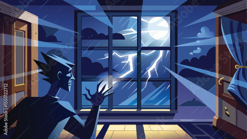 Urban architecture features a blue glass facade with various windows reflecting the night sky