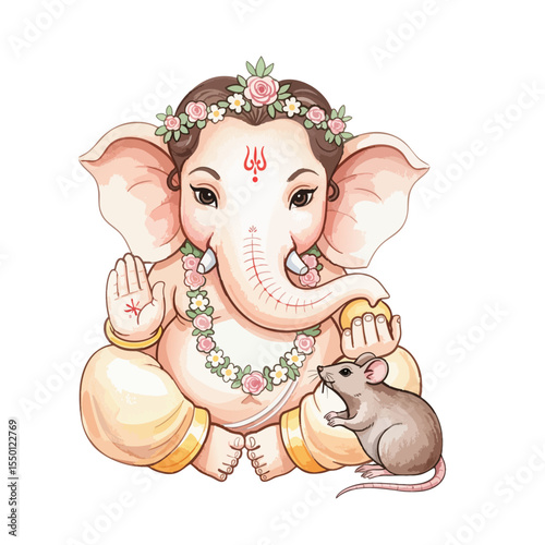 Lord Ganesh with Rat Isolated on Transparent PNG Background- Watercolour Art