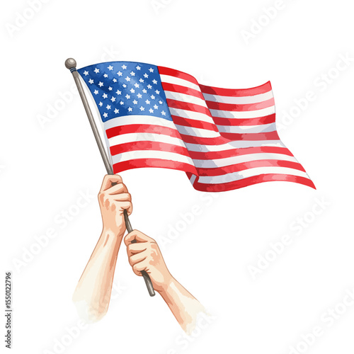 Hand Waving American Flag Isolated on Transparent PNG Background- Watercolour Art