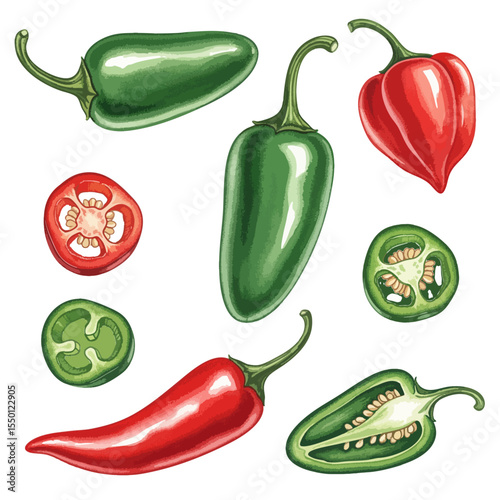 Jalapeños Isolated on Transparent PNG Background- Watercolour Art