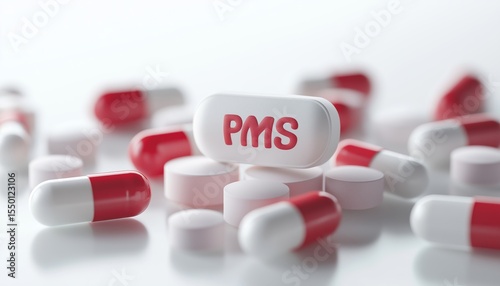 White And Red Pills And Cubes Labeled With Pms Premenstrual Syndrome From Carehealth For Treatment And Therapy. A Collection Of Medication For Pms.