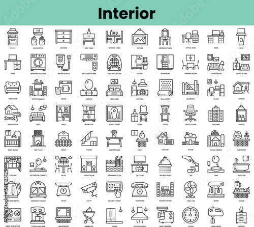 Set of interior icons. Linear style icon bundle. Vector Illustration