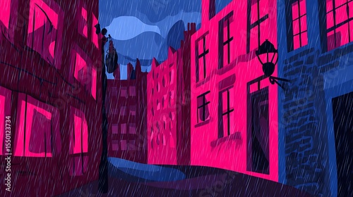 Rainy alleyway in colorful city