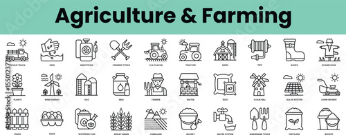 Set of agriculture and farming icons. Linear style icon bundle. Vector Illustration
