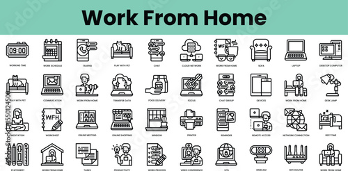 Set of work from home icons. Linear style icon bundle. Vector Illustration