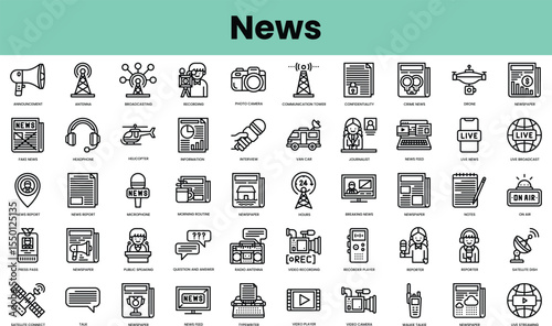 Set of news icons. Linear style icon bundle. Vector Illustration