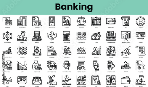 Set of banking icons. Linear style icon bundle. Vector Illustration