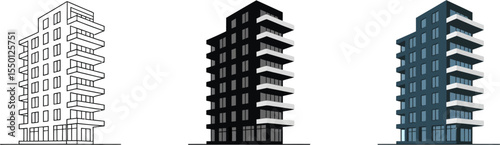 Modern apartment building design architectural rendering and building elevation design presentation view editable stock vector