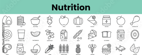 Set of nutrition icons. Linear style icon bundle. Vector Illustration