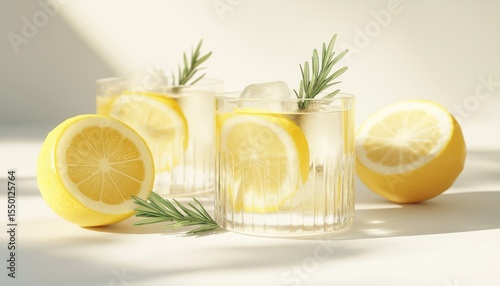 Refreshing Summer Lemonade Cocktail With Ice, Rosemary, And Lemon Slices Served In The Garden. Fresh And Healthy Cold Lemon Beverage. Lemon-Infused Water For A Refreshing Drink.