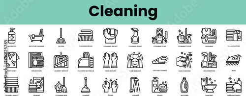 Set of cleaning icons. Linear style icon bundle. Vector Illustration
