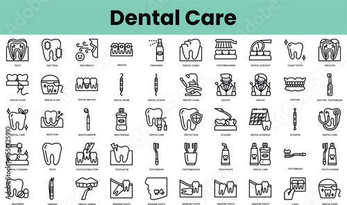 Set of dental care icons. Linear style icon bundle. Vector Illustration