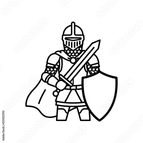 Knight in Armor Holding Sword and Shield in Line Art Style  