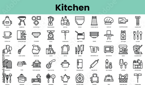 Set of kitchen icons. Linear style icon bundle. Vector Illustration