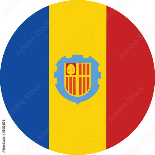 circular vector icon of andorra national flag with vertical blue, yellow and red stripes and coat of arms, flat design isolated on white background