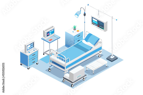 Modern hospital room interior with medical equipment including a patient bed iv stand monitors and bedside table in isometric view