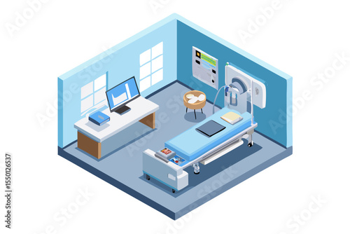 Isometric view of a modern medical diagnostic imaging room with mri scanner and patient examination bed