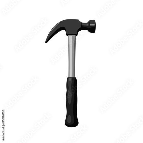 Classic claw hammer with metallic head and black ergonomic handle, isolated on white background, representing essential carpentry and construction tool with dual striking and nail-pulling functions