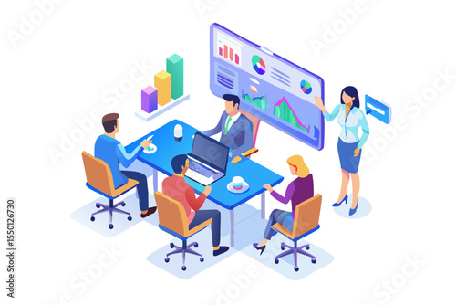 Diverse business team collaborates in a modern office meeting discussing financial data and charts on a large screen