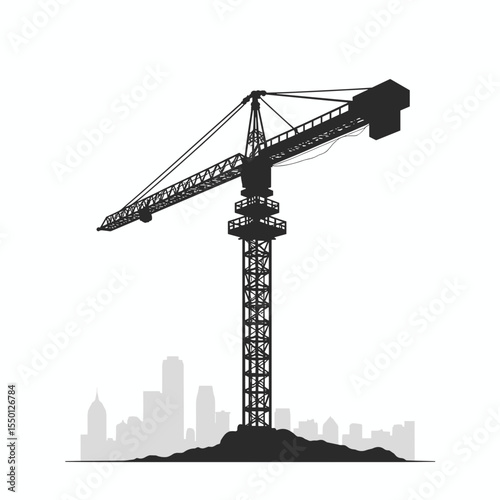 Construction crane silhouette with city skyline in background  