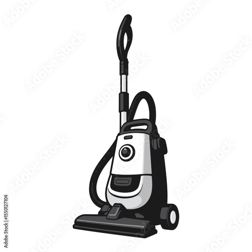 Powerful upright vacuum cleaner with convenient design for efficient cleaning. This modern home appliance has a long hose and ergonomic handle for comfortable use.  