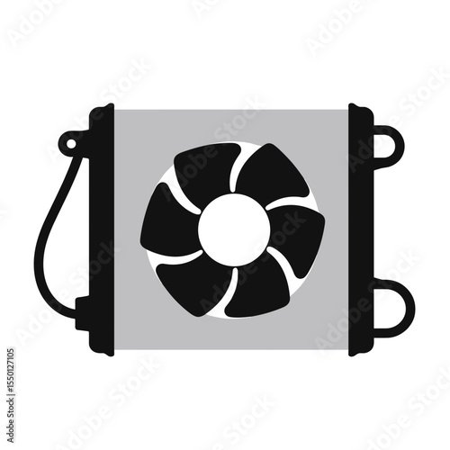Cooling system radiator with fan for car repair.  Automotive radiator component with cooling fan blades. Illustration of car radiator for maintenance and repair manuals. 