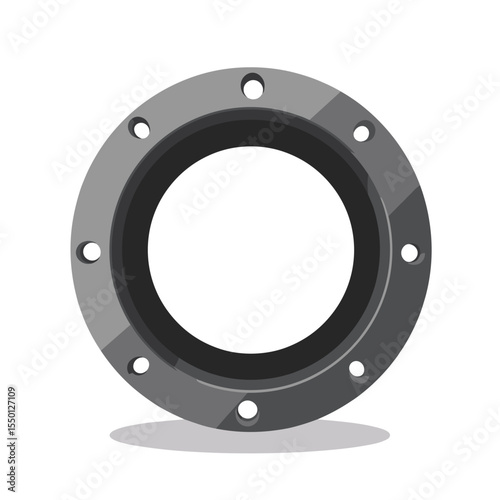 Metal flange with rubber gasket. Industrial metal flange component with eight bolts holes. Detailed image of metal flange perfect for construction and repair industry catalogs.
