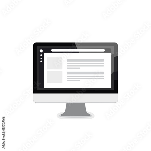 Modern desktop computer displaying simple website layout.  Clean computer screen shows webpage design with text blocks and image placeholders.  This computer screen mockup is perfect for website desig
