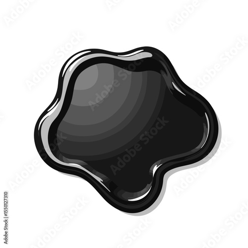 Glossy black construction sealant splatter on white background with irregular edges and three-dimensional texture, symbolizing adhesive application or insulation residue