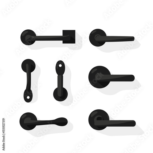 Black door handles collection. Different types of door handles shown from various angles.  Stylish door handles for interior design projects.  These door handles are perfect for home renovation
