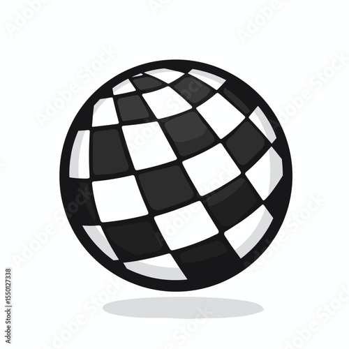 Three-dimensional black and white checkerboard sphere casting soft shadow on white surface, symbolizing digital balance, game theory, or visual perception