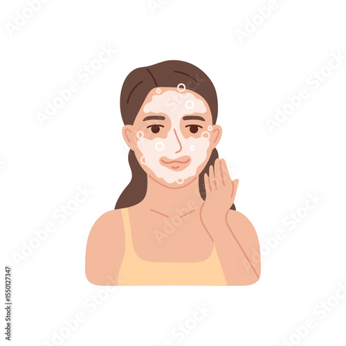 Young woman washing face with soap mousse, problematic skin treatment process. Skin care routine concept. Dermatology medical help method. Flat vector illustration