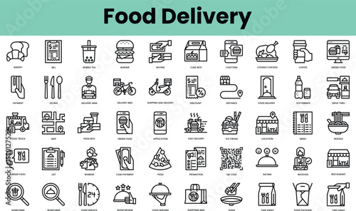 Set of food delivery icons. Linear style icon bundle. Vector Illustration