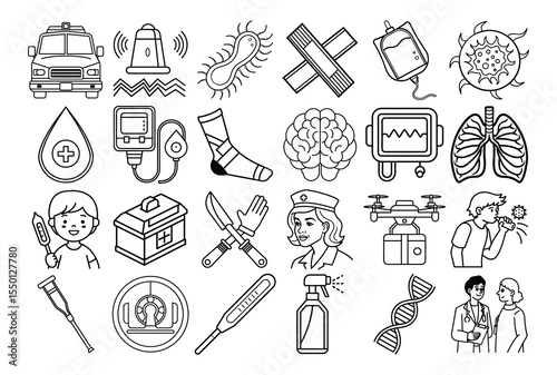 Medical Icons Set Black Line Art Illustrations Healthcare Symbols Doctor Nurse Ambulance Virus