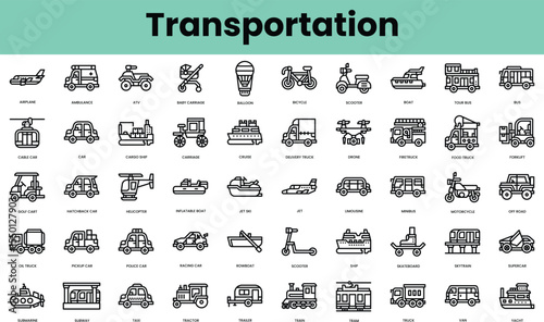 Set of transportation icons. Linear style icon bundle. Vector Illustration