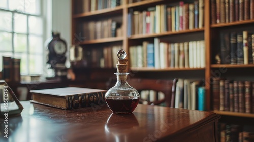 Vintage bottle of red liquid on a wooden desk in a cozy library filled with books and warm lighting