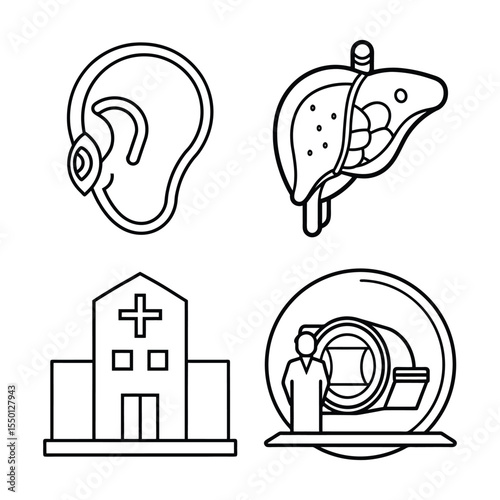 Medical Icons Set Line Art Style Black White Hospital Ear Liver Scanner Healthcare Symbols