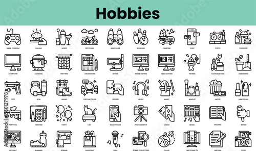 Set of hobbies icons. Linear style icon bundle. Vector Illustration