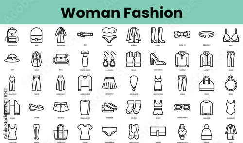Set of woman fashion icons. Linear style icon bundle. Vector Illustration