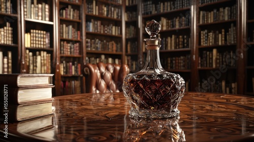 Elegant crystal decanter with rich amber liquid on a wooden table in a classic library setting