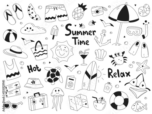 Big summer and vacation doodle set. Vector elements for stickers, scrapbooking or prints. Isolated on white.