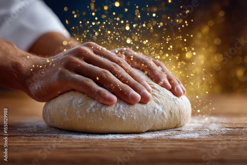 Artisanal bread making hands kneading dough in a sunlit kitchen