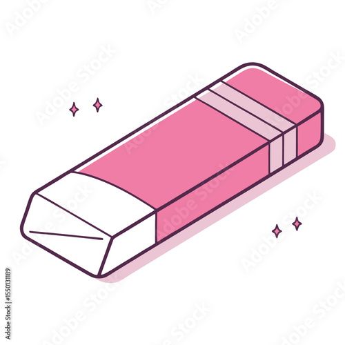 An angled pink eraser features a white tip with a sparkling flourish against white backdrop