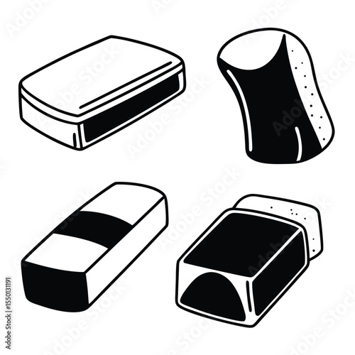 Black and white eraser collection showing different shapes with a transparent background is displayed